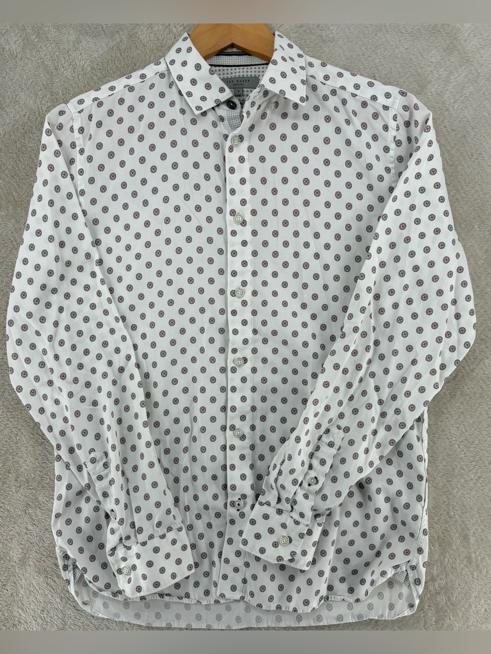 Ted Baker London Men's White Geometric Print Button Down Shirt Size 3 (Small)